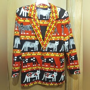 Vtg Sharon Young Cat Blazer Jacket Womens Med Oversized Red Orange Yellow Black